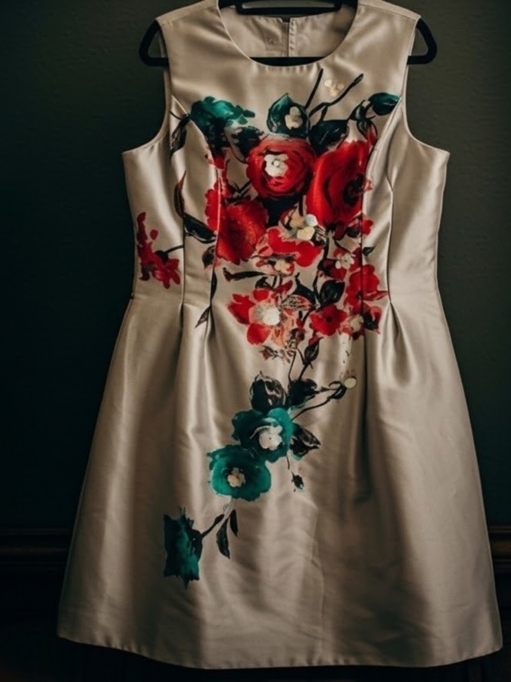 Teri Jon Silver Satin Dress with Teal Floral Accents